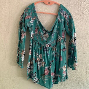 Torrid Green Floral Smocked Off Shoulder Wise SleeveTop Size 1X